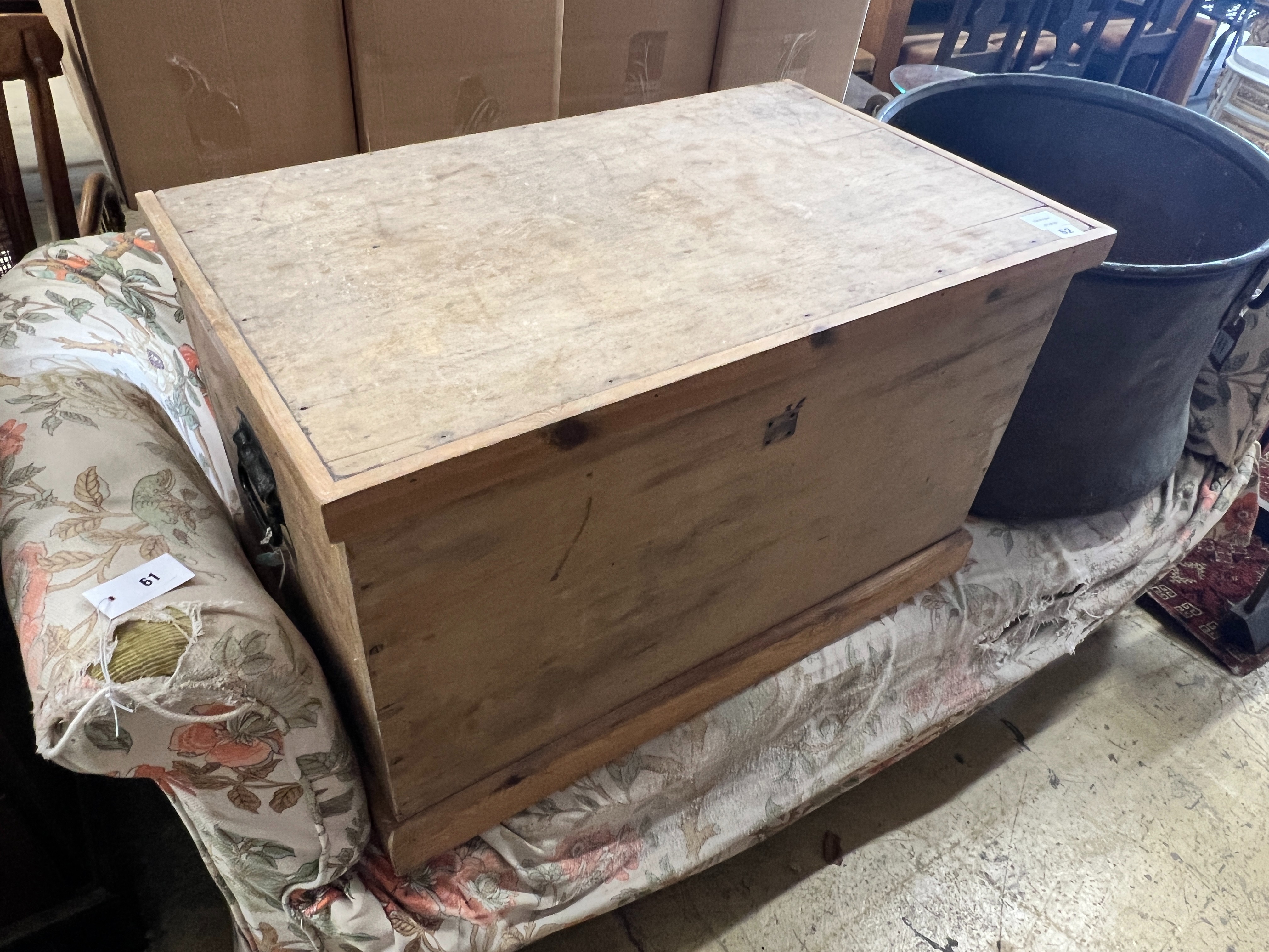 A Victorian stripped pine trunk, length 82cm, depth 50cm, height 51cm